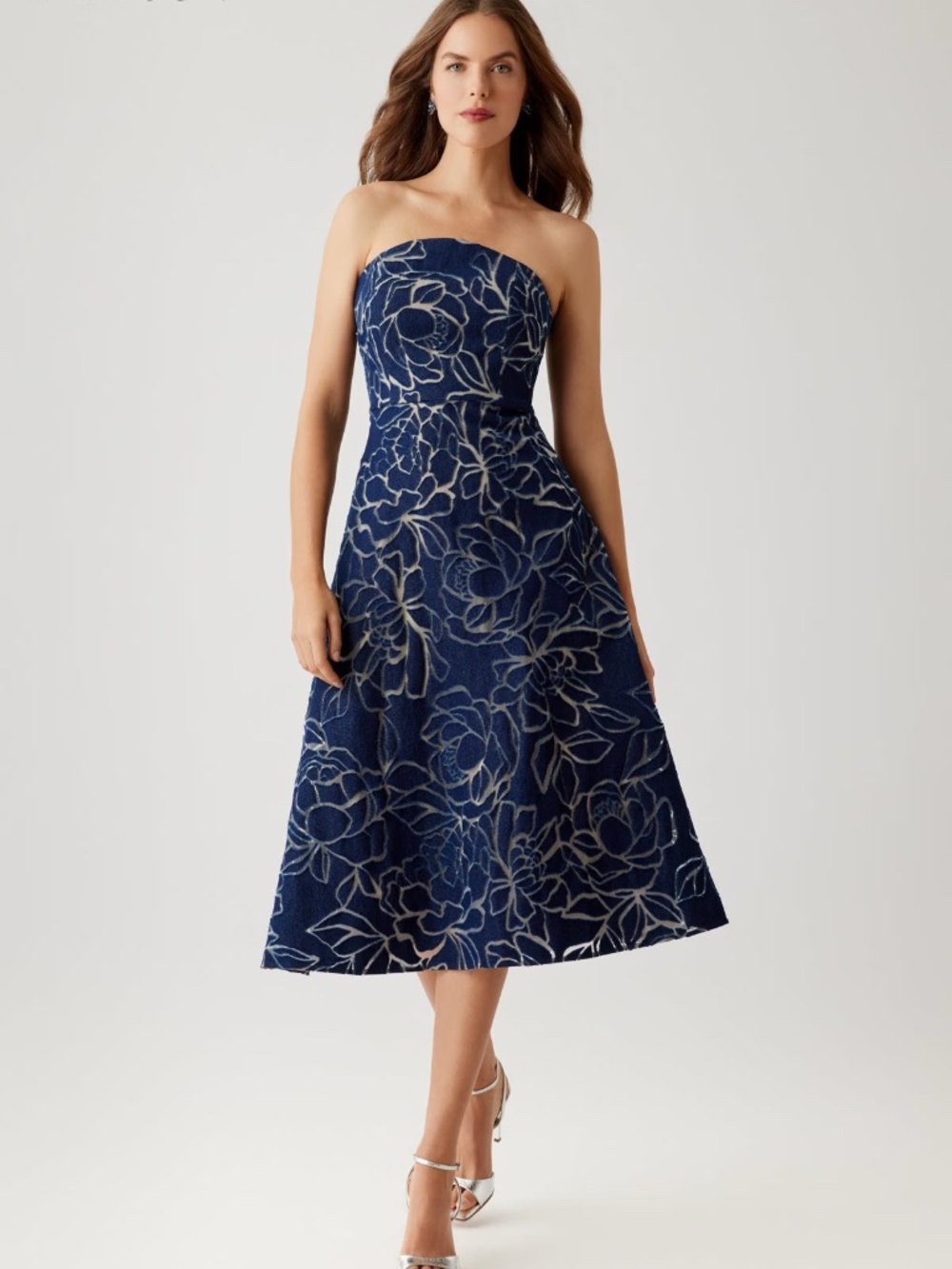 Teri John Denim Burnout Strapless Tea Length Dress 0